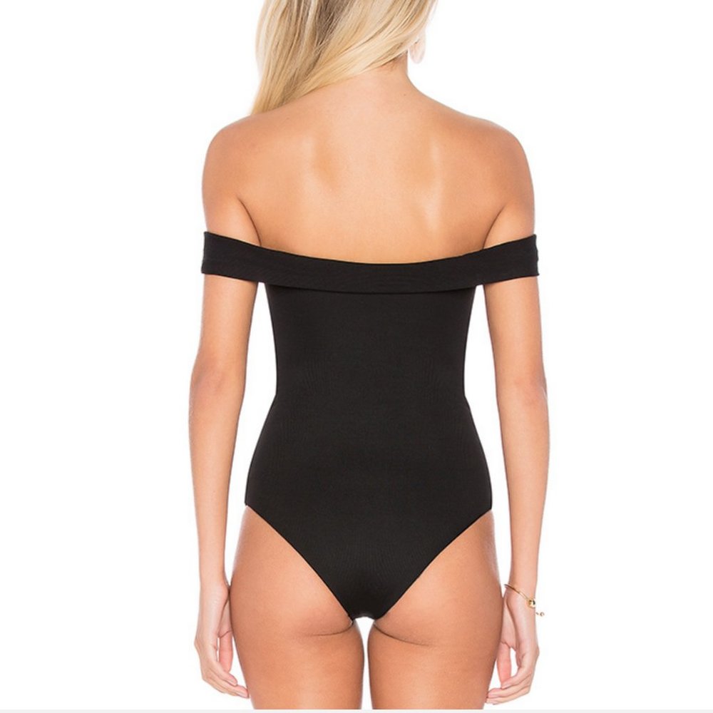L*SPACE OFF-THE-SHOULDER BLACK RIBBED LACE-UP ANJA ONE PIECE BANDEAU SWIMSUIT - Picture 4 of 5